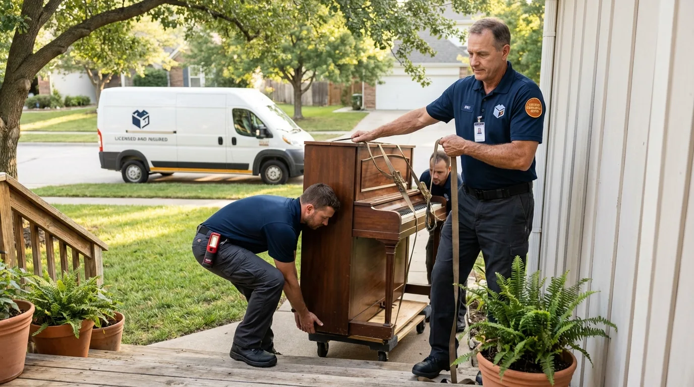Licensed piano movers securing grand piano in Pearsall, TX