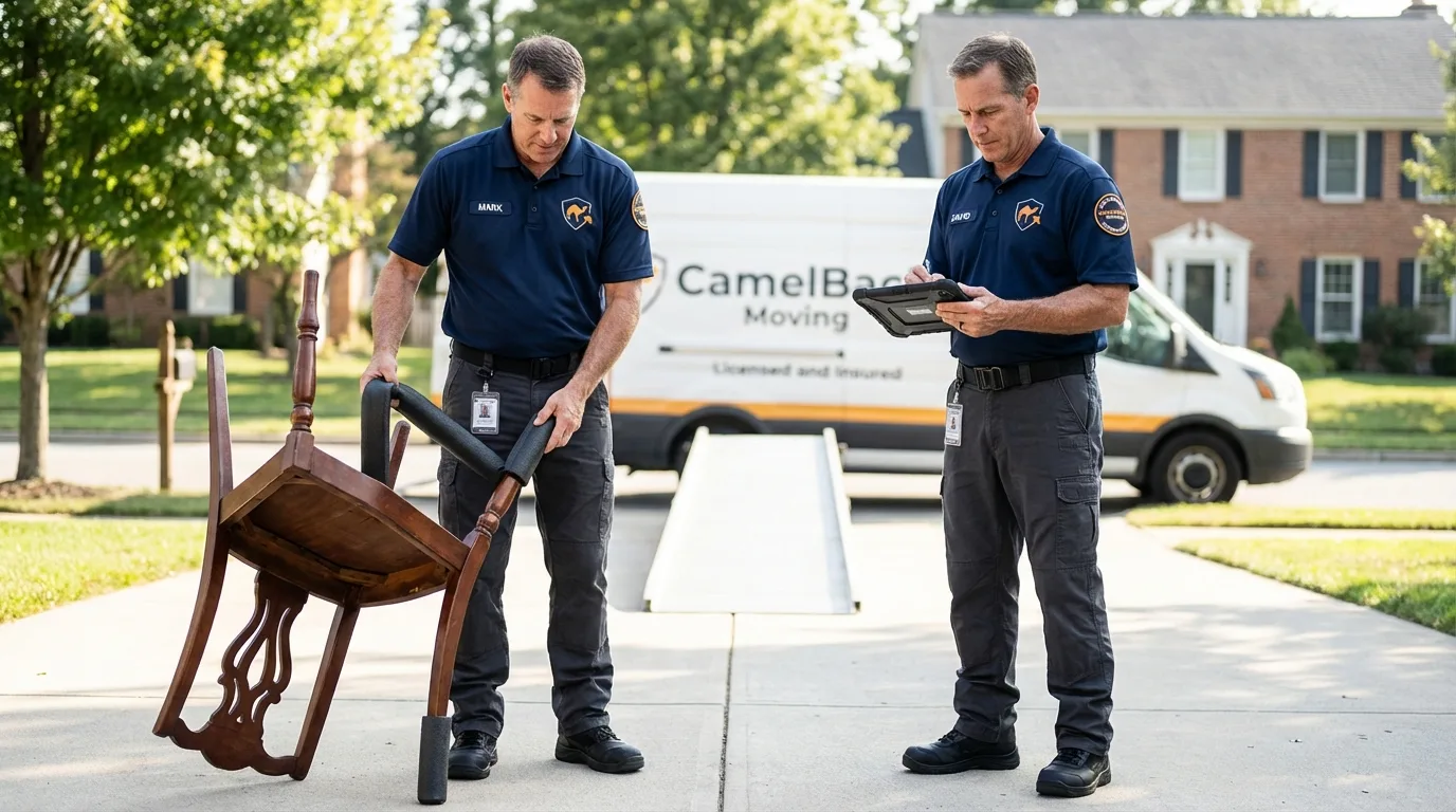 Movers inspecting furniture for damage prevention before loading in Pearsall, TX